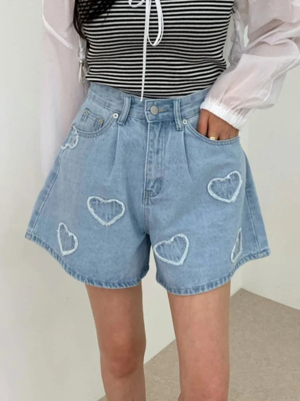 Denim Sky Blue Heart Embroidery Shorts