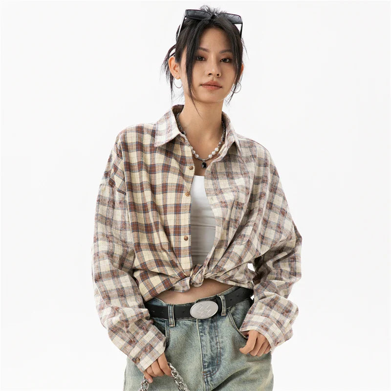 Stylish Plaid Cotton Blouse Shirt