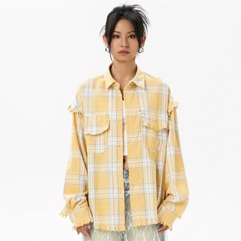 Stylish Yellow Plaid Cotton Blouses Shirt