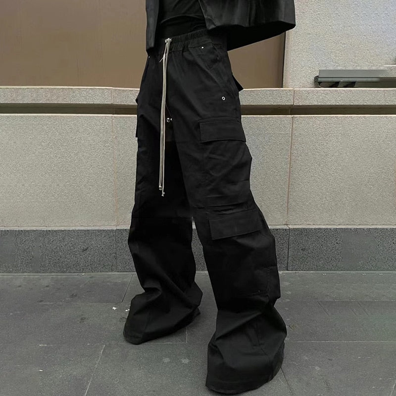 Mid-waist Black Solid Cargo Pants