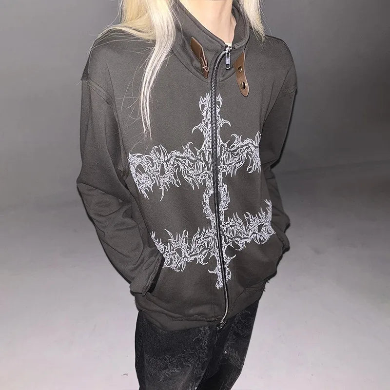 Grunge Aesthetics Tattoo Print Zipper Shirt