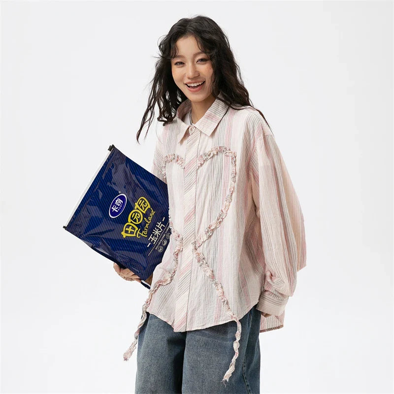 Heart Embroidery Long Sleeve Shirt