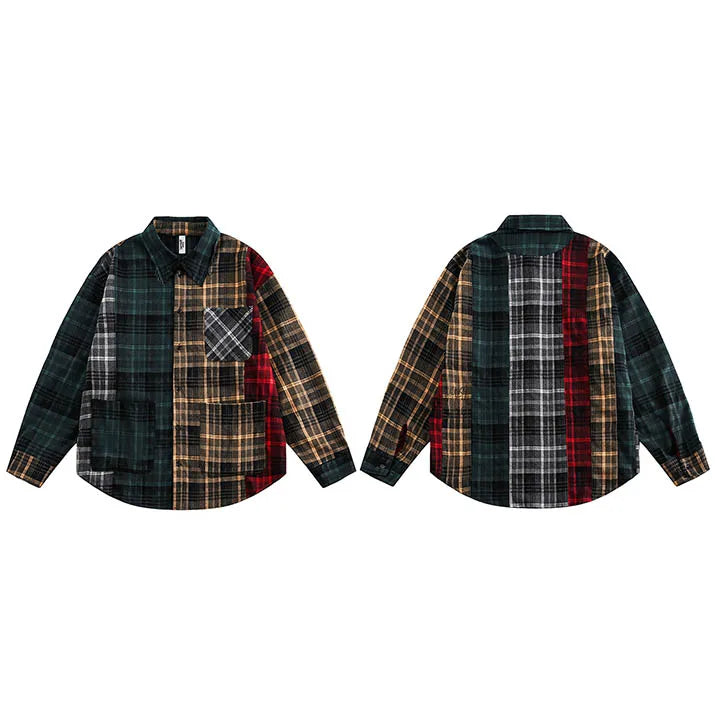 Oversized Loose Patchwork Long Sleeve Flannel Shirt