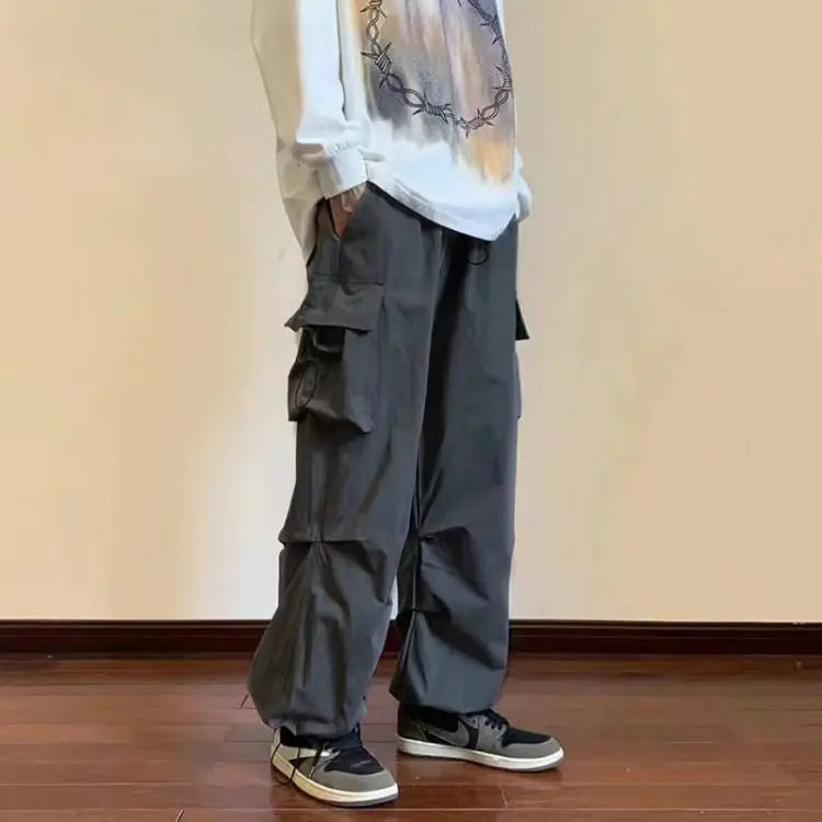 Loose Elastic Waist Solid Color Cargo Pants