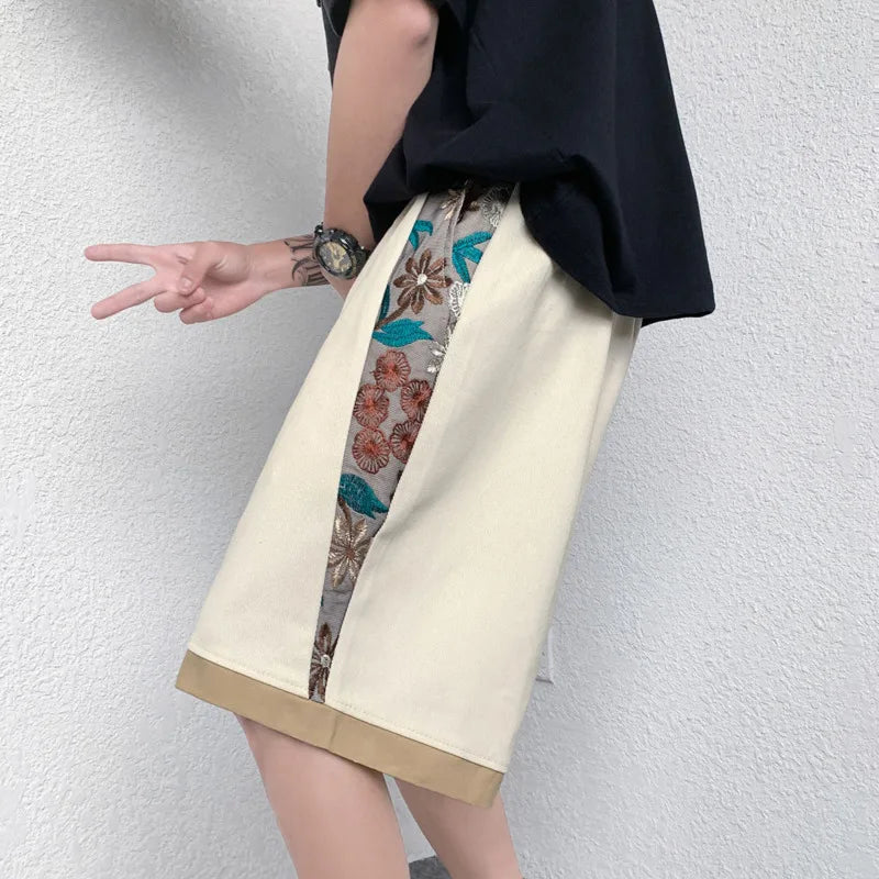Japanese Streetwear Embroidered Flower Short