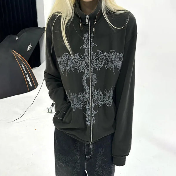 Grunge Aesthetics Tattoo Print Zipper Shirt