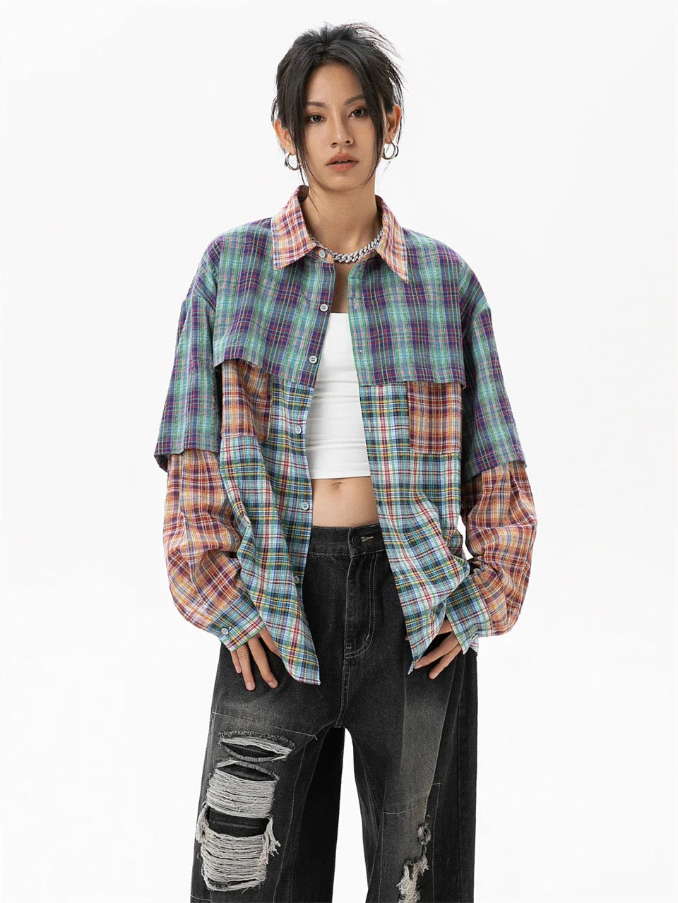 Women's Patchwork Plaid Shirt