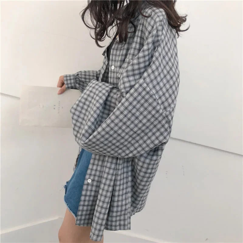 Soft Girl Plaid Casual Button-Up Shirt