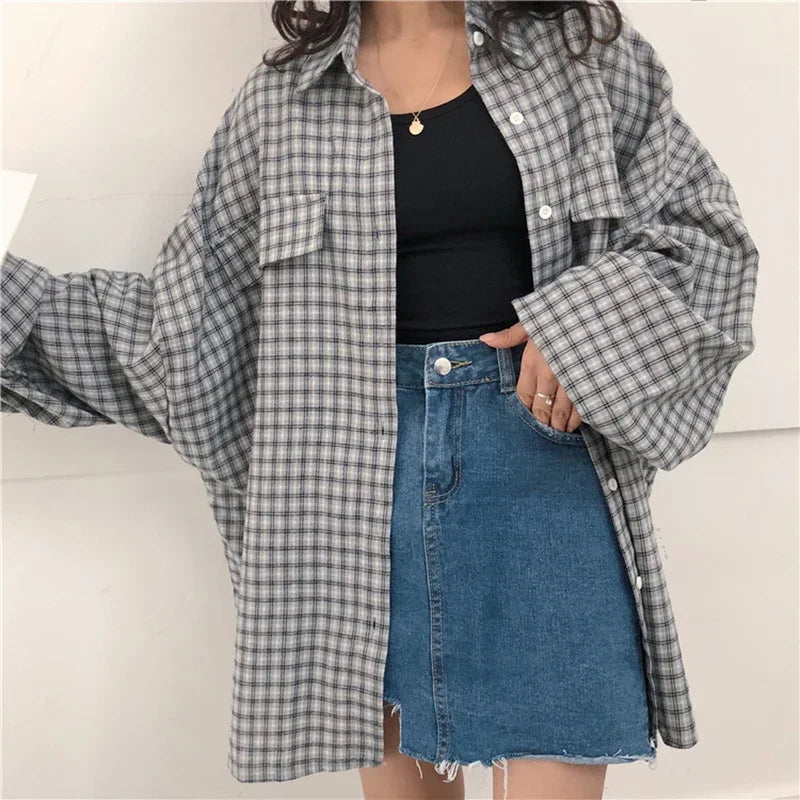 Soft Girl Plaid Casual Button-Up Shirt