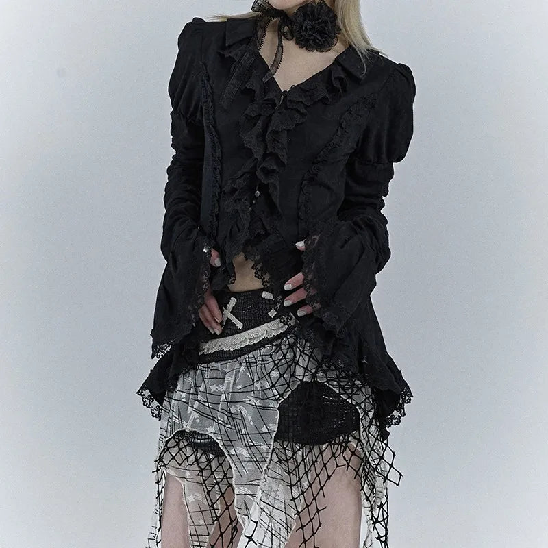Vintage Gothic Black Lace Flare Shirt