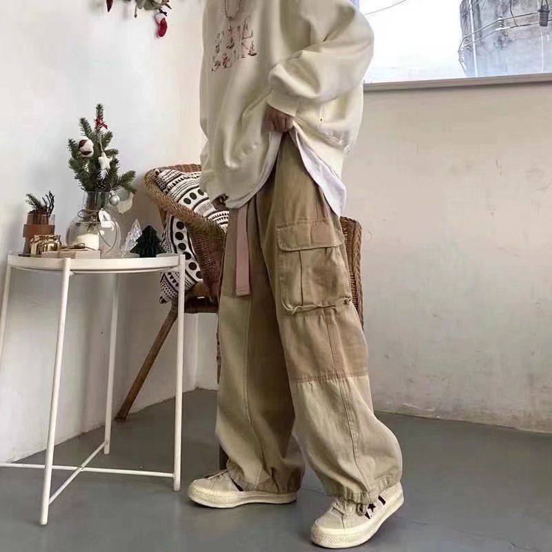 Solid Baggy Wide-Leg Cargo Pants