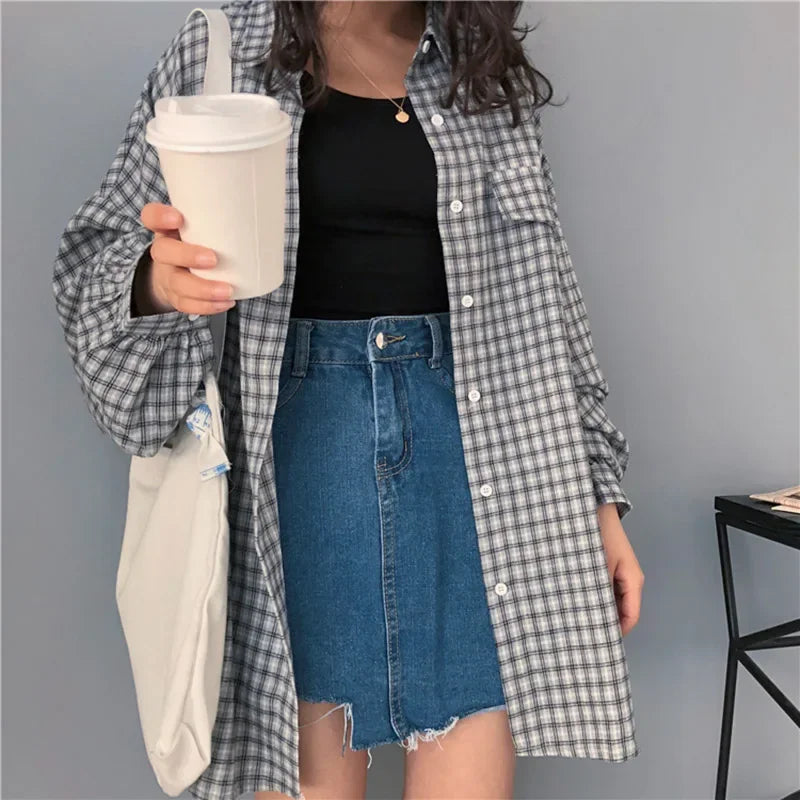 Soft Girl Plaid Casual Button-Up Shirt