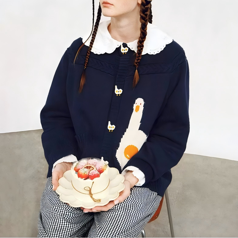 Childlike Duck Pattern Cardigan Sweater