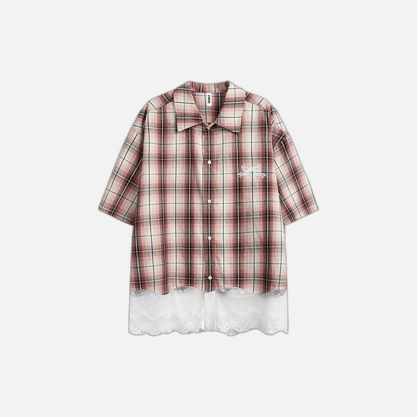 Plaid Lace Stitching Short Sleeve Shirt