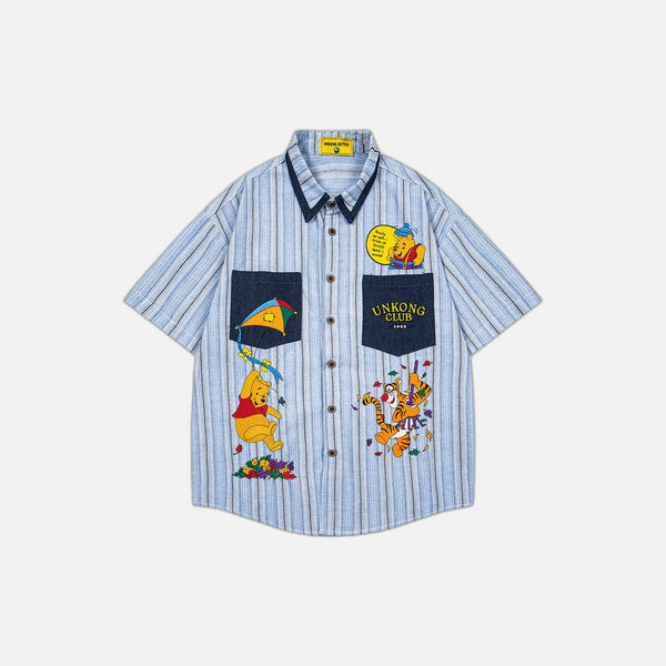 Embroidered Bear Cartoon Stripe Summer Shirt