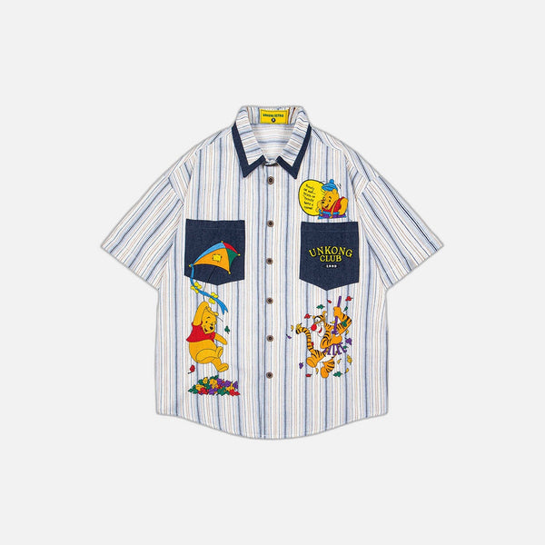 Embroidered Bear Cartoon Stripe Summer Shirt