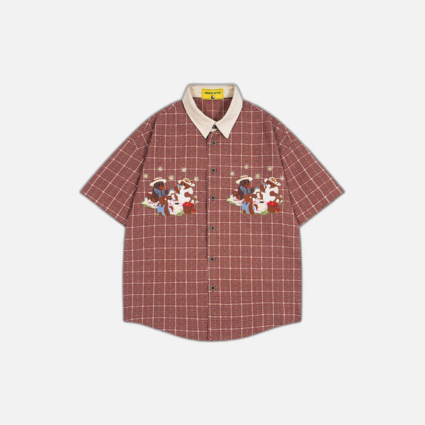 Plaid Hip Hop Bear Embroidered Shirt