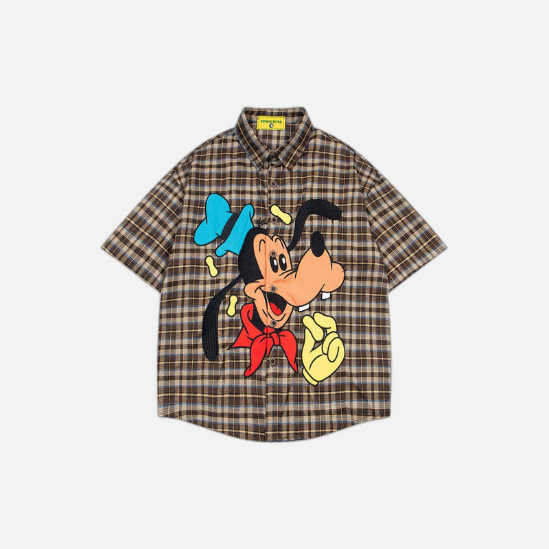 Stylish Cartoon Embroidered Plaid Shirt