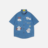Cute Puppy Embroidered Denim Lapel Shirt