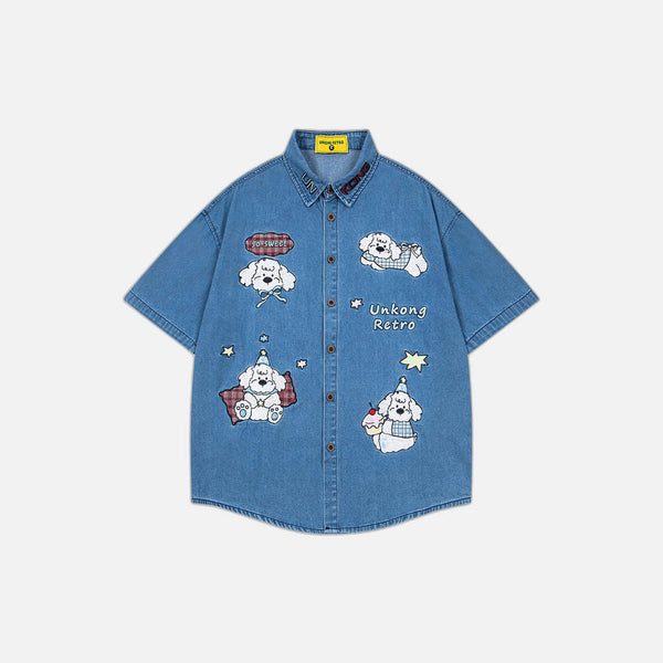 Cute Puppy Embroidered Denim Lapel Shirt
