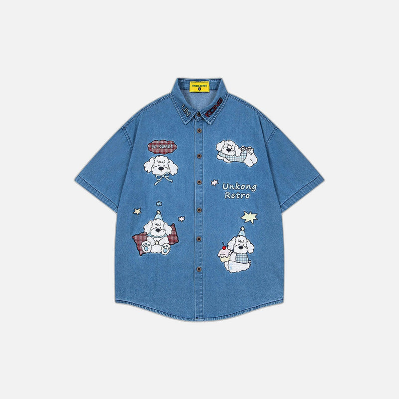 Cute Puppy Embroidered Denim Lapel Shirt