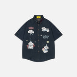 Cute Puppy Embroidered Denim Lapel Shirt
