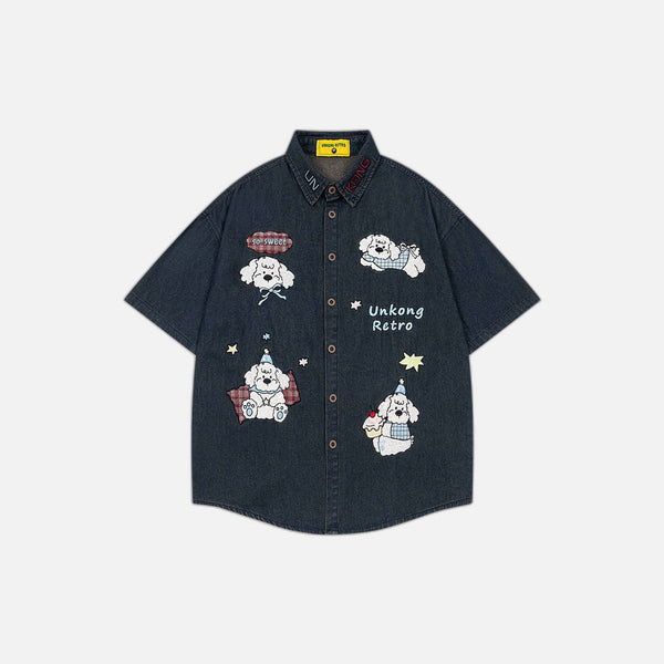Cute Puppy Embroidered Denim Lapel Shirt