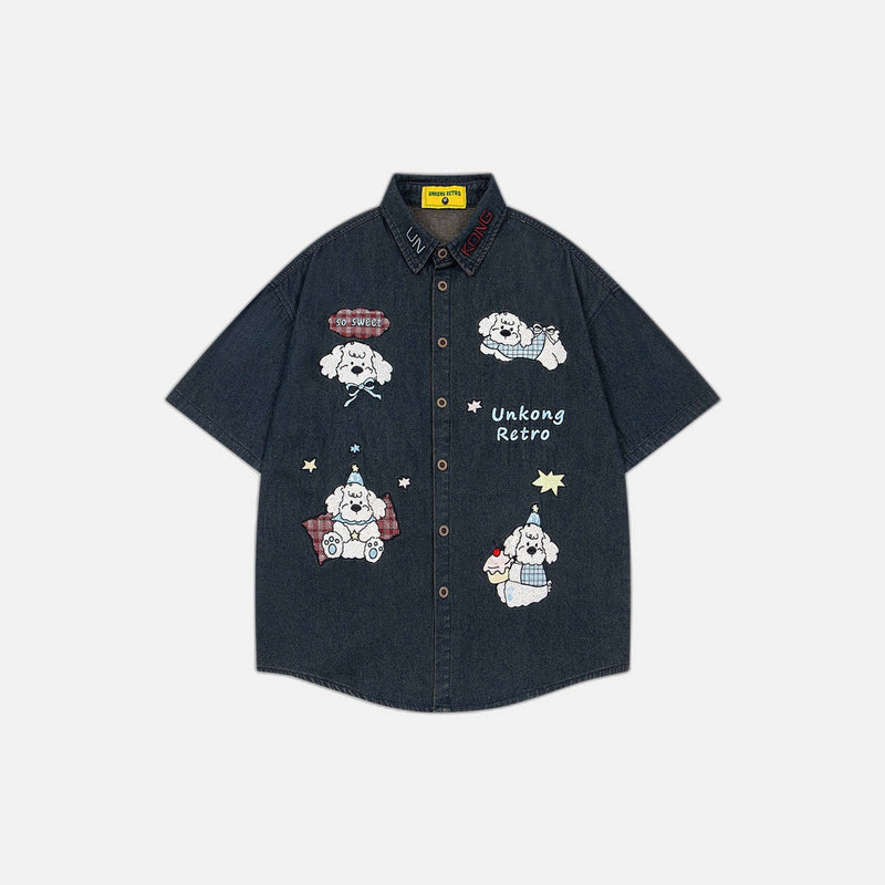 Cute Puppy Embroidered Denim Lapel Shirt