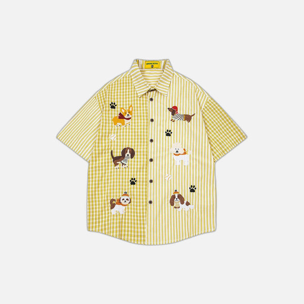 Cute Puppy Embroidered Plaid Short Shirt