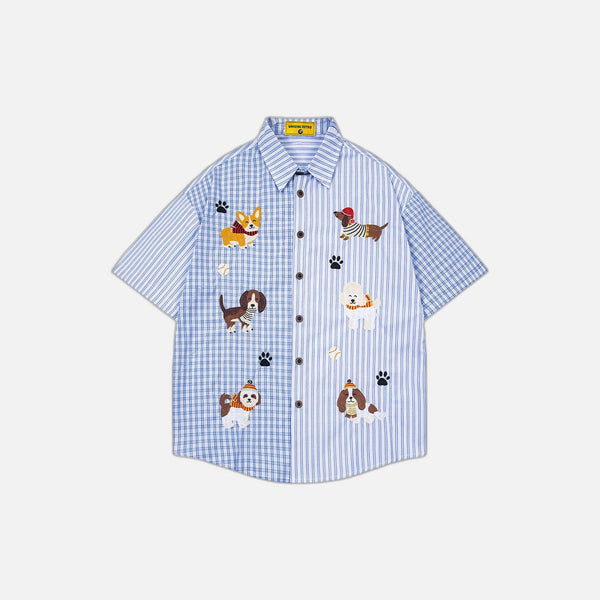 Cute Puppy Embroidered Plaid Short Shirt